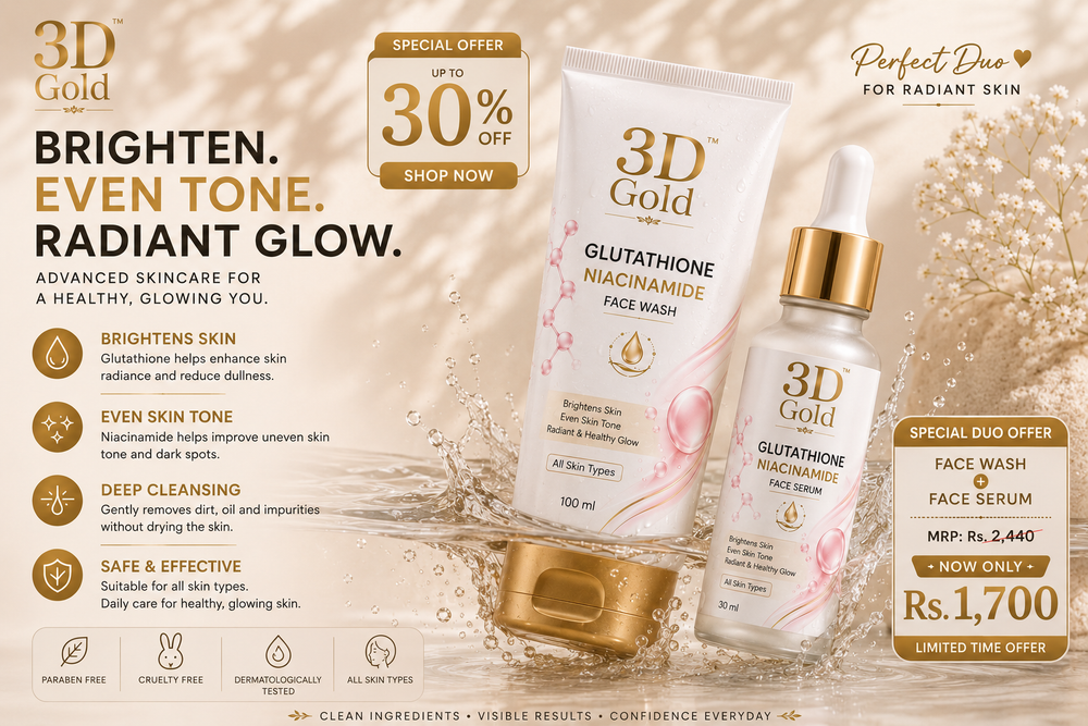 3D Gold Glutathione & Niacinamide Brightening Skincare Duo – Face Wash + Face Serum 3D Gold
